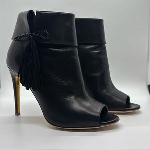 Rupert Sanderson Black Leather Stiletto boots w/Tassels and Peep Toe Sz 36 1/2
